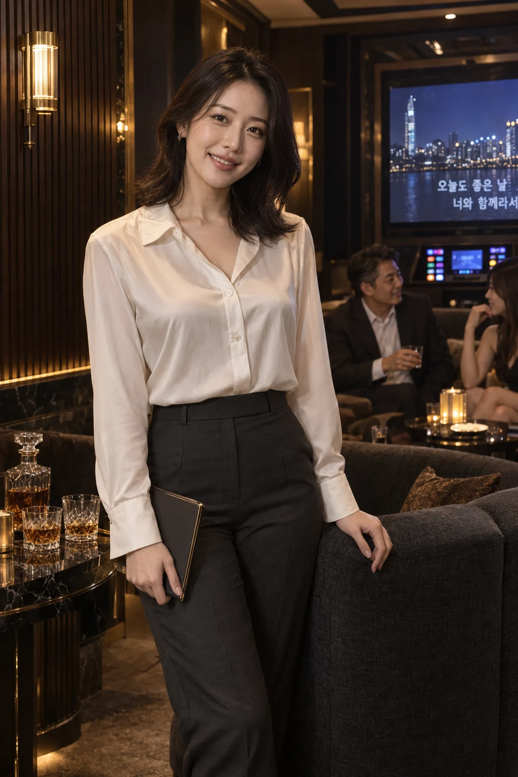 노래방 라운지에서 편안하게 미소 짓는 젊은 성인 여성과 뒤편의 모임을 표현한 AI 이미지