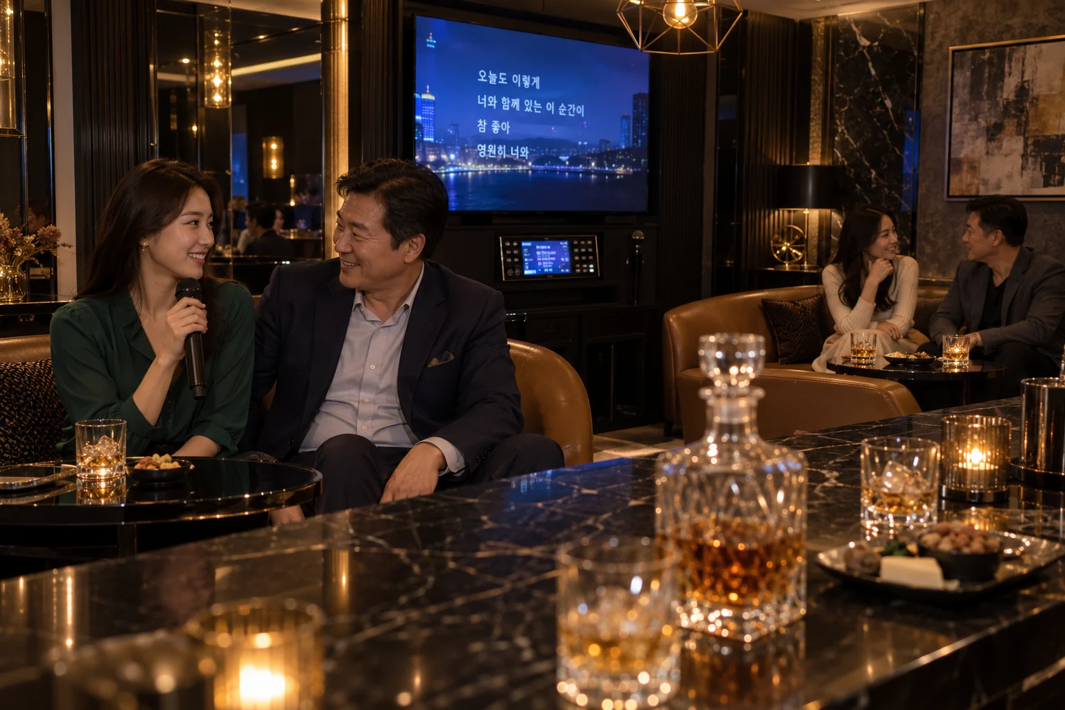 위스키 테이블과 노래방 화면을 배경으로 성인 여성과 중년 남성이 대화하는 AI 모임 이미지